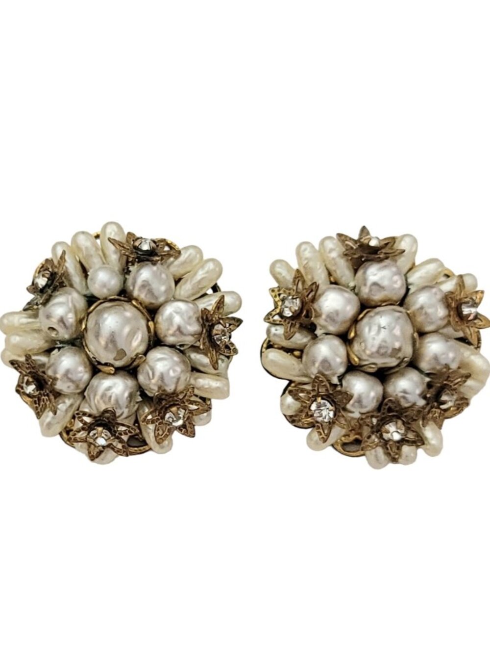 Robert Vintage Faux Pearl Rose Montees Rhinestones Bead Cluster Earrings, K403